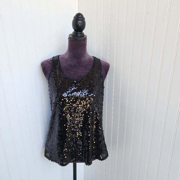 Express Top Women's Stretch Split Back Tank Black Sequin Scoop Neck Sz S - Picture 1 of 11